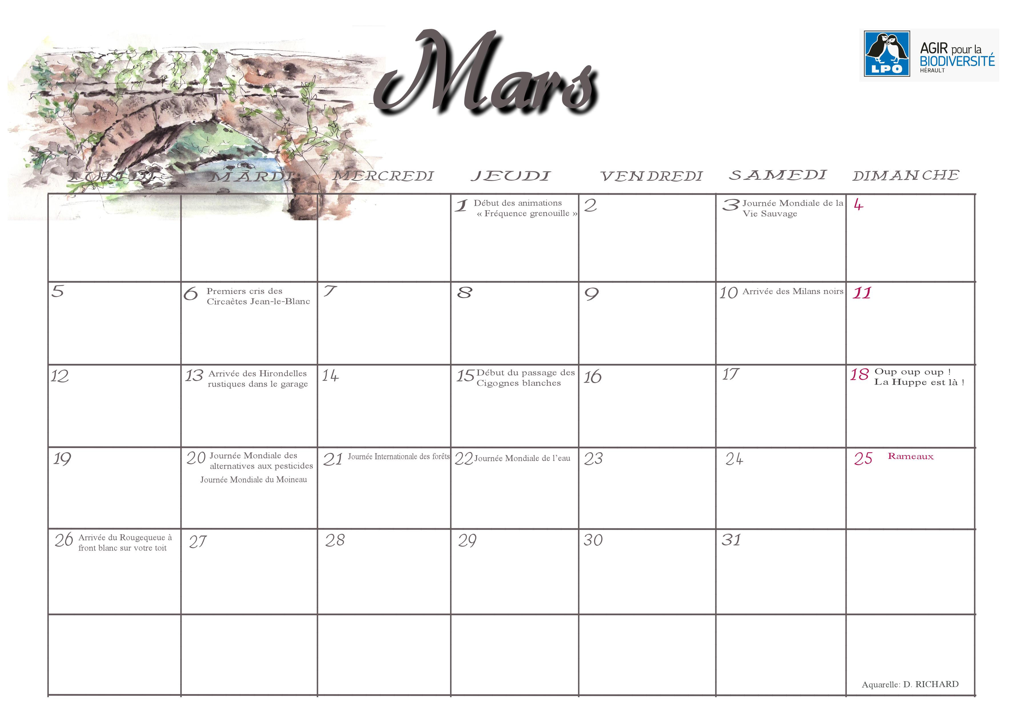Calendrier mars 2018
